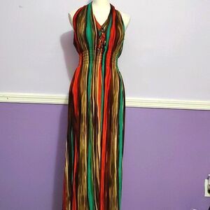 India Batik Colorful Striped High Neck Smocking Waist Jersey Maxi Dress